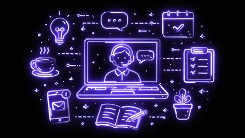 Remote work essentials with glowing blue neon light path effect Vídeos de archivo 340899033