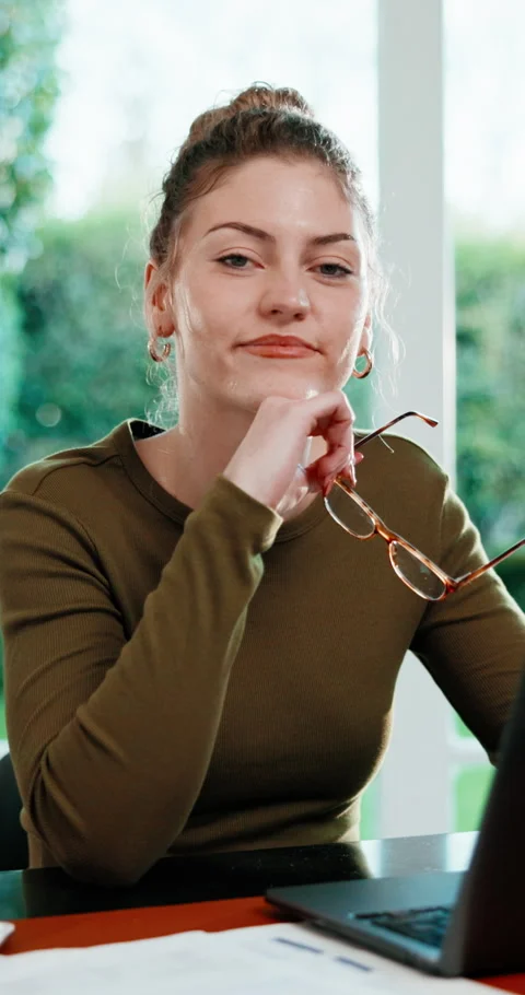 Remote work, face or woman in house with laptop, wealth advisor or about us in Stock Footage 341430404