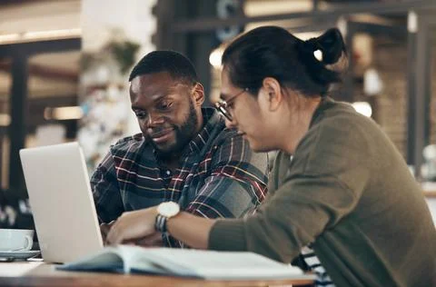 Remote work, feedback or team in cafe with laptop, project review or partne.. Stock Photos