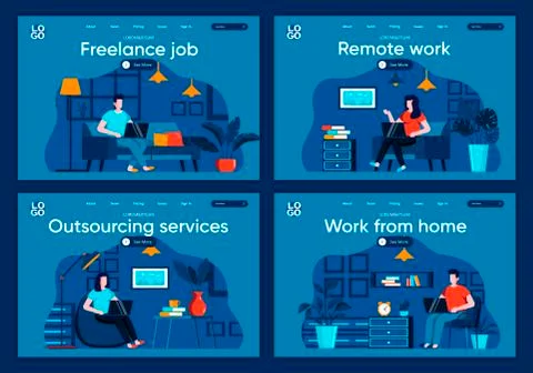 Remote work flat landing pages set. Stockillustratie