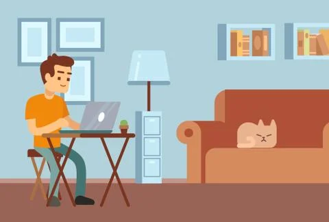 Remote work. Freelance, distance learning. Young man sitting at desk with laptop Illustrazione stock