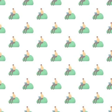 Remote work freelance man using laptop on bean bag seamless pattern 库存插图