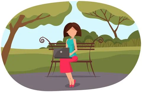 Remote work, freelance or distance education, outdoor activity. Girl with laptop Ilustración de archivo