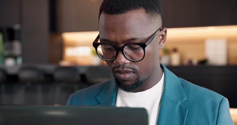 Remote work, glasses and happy man with laptop in home, accountant or tax Stock Footage 345321052