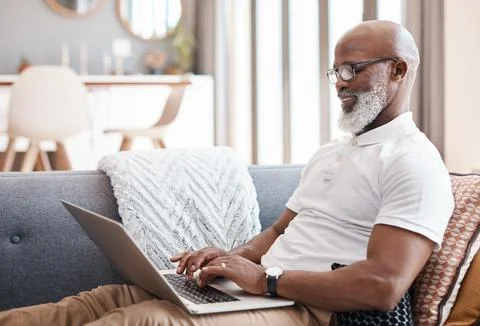 Remote work, glasses and man with laptop in house, email marketing and rese.. Stock Photos