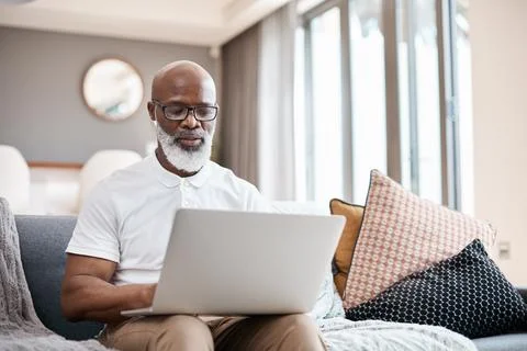 Remote work, glasses and man with laptop in lounge, email marketing and res.. Stock Photos