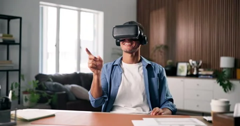 Remote work, hands and man with virtual reality in home for metaverse, Stock Footage 330924110