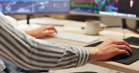 Remote work, hands and man with computer for programming, internet and data.. Stock Photos