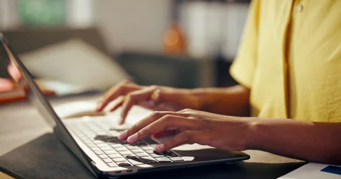 Remote work, hands or typing on laptop in home for article draft, editing column Stock Footage 337456950