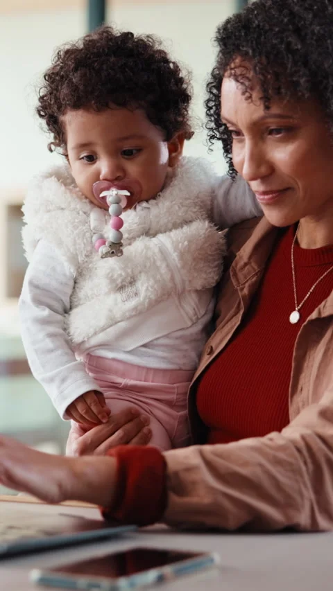 Remote work, happy and mom with baby on laptop for copywriting, online project Stock Footage 335848983