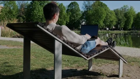Remote work in harmony with nature, a man with a laptop. Stock Footage 308398734