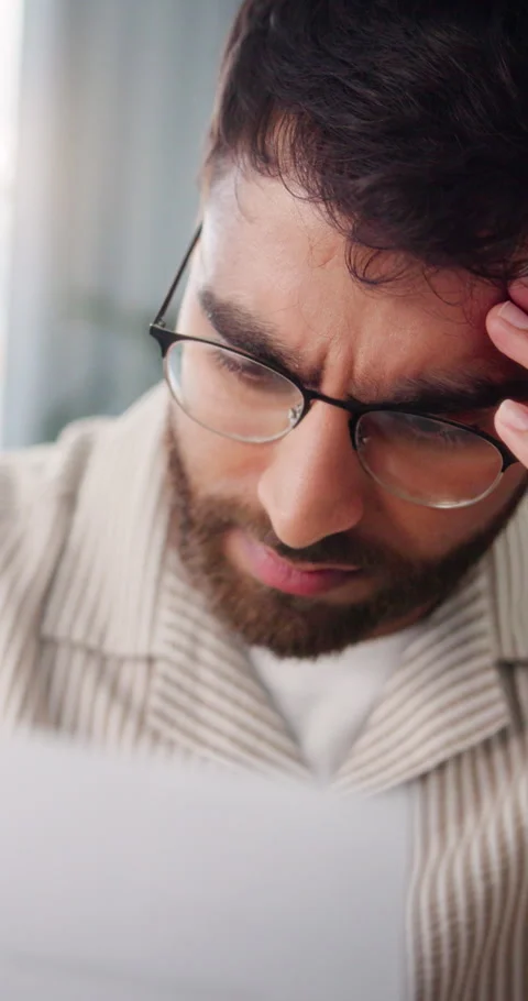 Remote work, headache or man in home with paper, frustration or missed payment Stock Footage 337222196