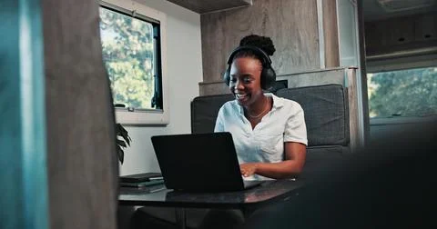 Remote work, headphones or black woman in trailer with laptop, sound app or.. Stock Photos