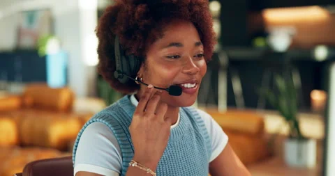 Remote work, headset and black woman with computer for telemarketing, talking or Stock Footage 337472160