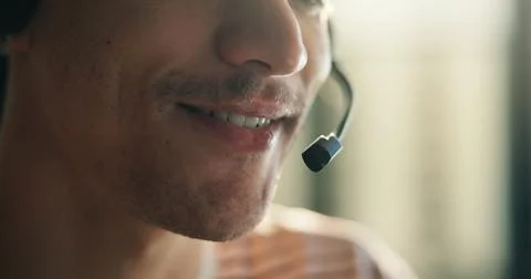 Remote work, headset and mouth of agent for telemarketing, outbound call an.. Stock Photos