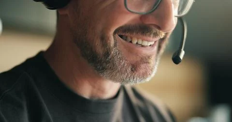 Remote work, headset and mouth in home for telemarketing, outbound call and.. Stock Photos