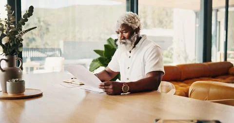 Remote work, home and black man with document for financial information, bu.. Stock Photos