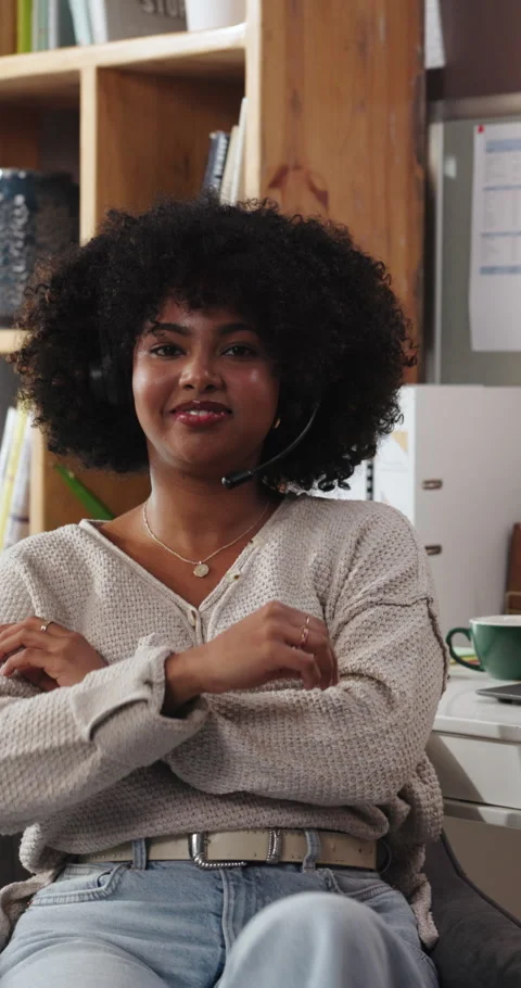 Remote work, home and face of black woman with headset for virtual assistant Stock Footage 334016951
