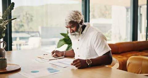 Remote work, home and man with notebook for financial analysis, revenue pla.. Stock Photos