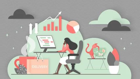 Remote work from home, business analysis from tiny woman sitting at computer Stock Illustration