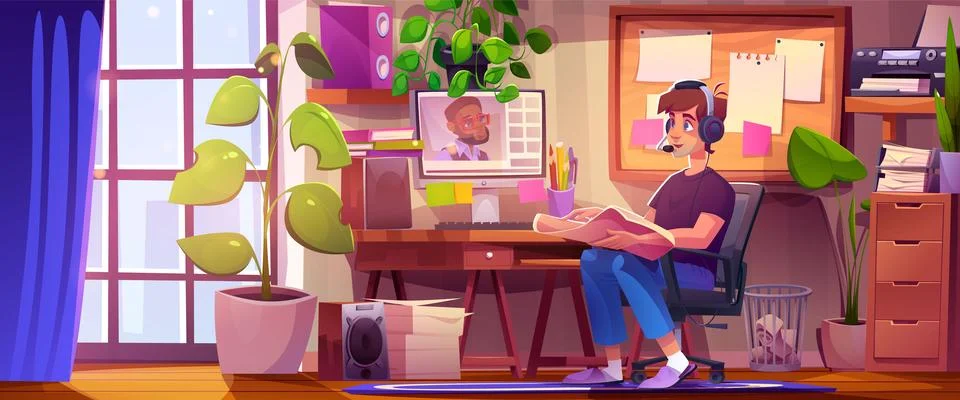 Remote work from home on computer desk in flat 库存插图