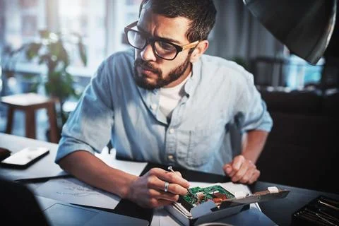 Remote work from home, engineering and man with robotics, improvement and 스톡 사진