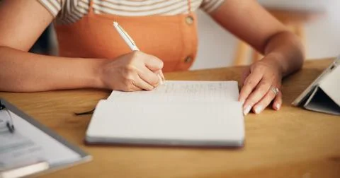 Remote work from home, hands and writing with woman, creativity and planning Stock Photos