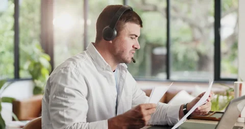 Remote work from home, headphones and man with laptop, report for article review Stock Footage 329453644