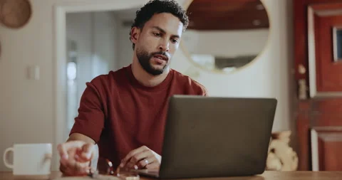 Remote work from home, laptop and man with stress, thinking and deadline for Stock Footage 329398002