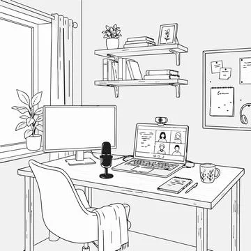 Remote work home office illustration, video conference on laptop, workspace.. Stock Illustration