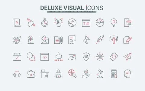 Remote work in home office line icons set, person with computer at workplace Stock Illustration