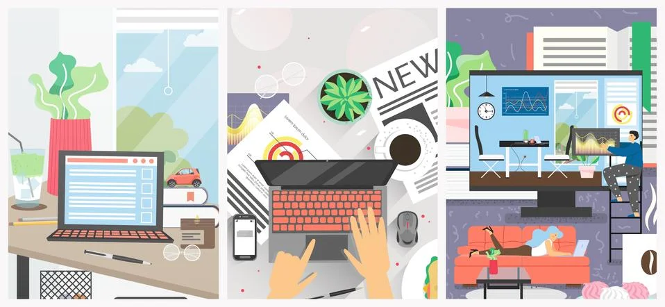 Remote work from home office vector poster template set Stock Illustration
