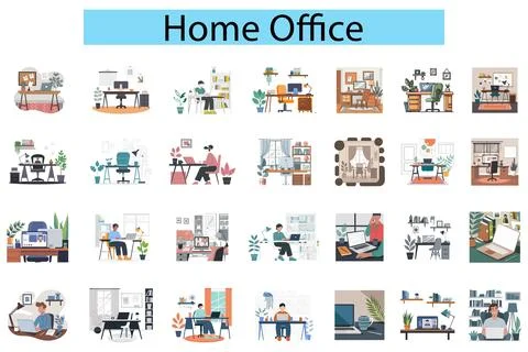 Remote work home office vector scene, simple shapes, flat color palette Stock Illustration