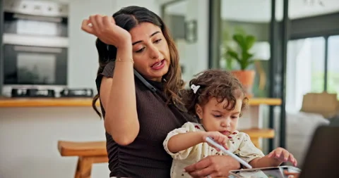Remote work from home, phone call and mother with child, multitasking and stress Stock Footage 303945752