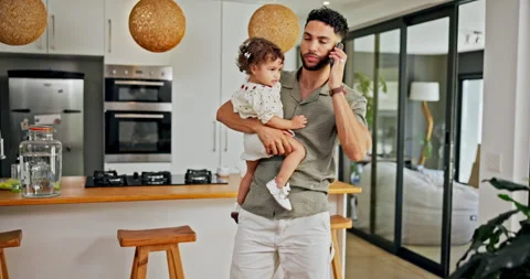 Remote work from home, phone call and parents with baby, multitasking and Video stock 303949681