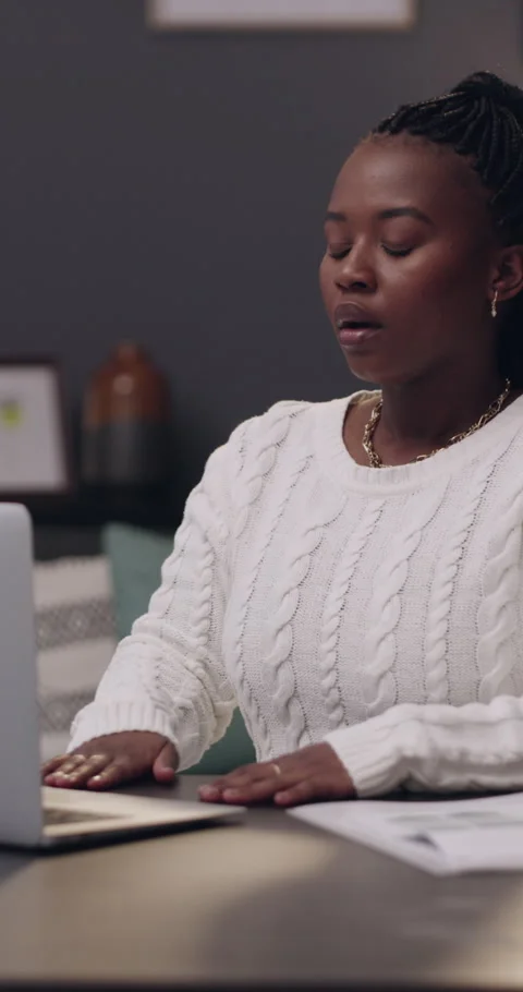 Remote work from home, stretching and black woman with laptop, completed Stock Footage 327253052