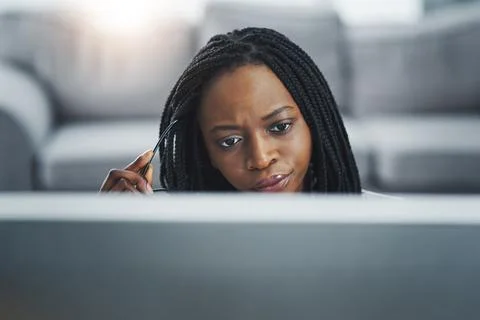 Remote work from home, thinking and black woman with computer, solution and 스톡 사진