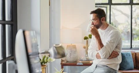 Remote work from home, thinking and man with ideas, contemplation and problem Foto stock