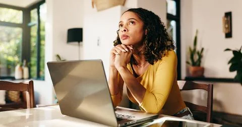 Remote work from home, thinking and woman with laptop, creativity and Foto stock