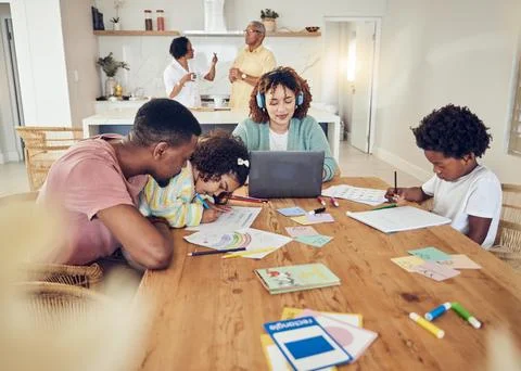 Remote work, homework and busy big family together for work, learning and Foto stock