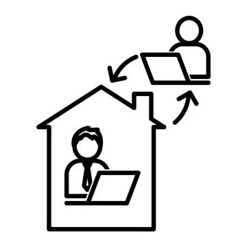Remote work icon. Two man working in computer. Flat pictogram for web. Line s Ilustración de archivo