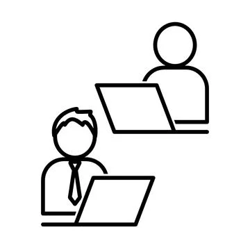 Remote work icon. Two man working in computer. Flat pictogram for web. Line s Stock Illustration