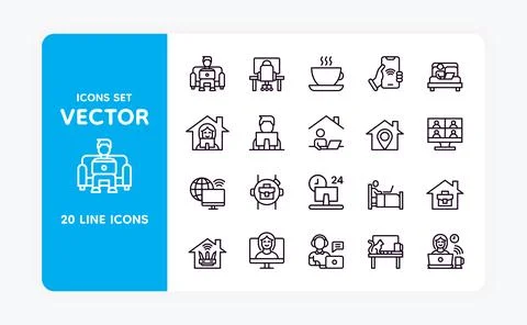 Remote work icons. Home workplace with computer. Office laptop. Freelance 스톡 일러스트