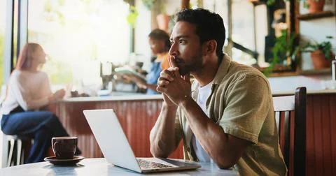 Remote work, idea and man in cafe with laptop for social media, campaign and Stock Photos