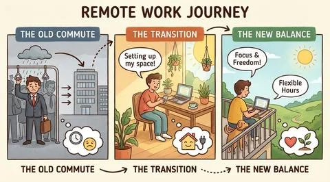 Remote work journey from old commute to new balance work life concept Stockillustratie