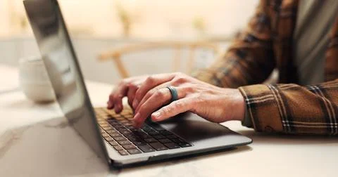Remote work, keyboard or hands in house with laptop, proofreading or feedba.. Stock Photos