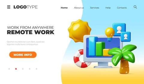 Remote work landing page. Freelancing, office job, render style cartoon objects Stock Illustration