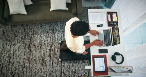 Remote work, laptop and above of man on treadmill for web design, research and Stock Footage 330156551