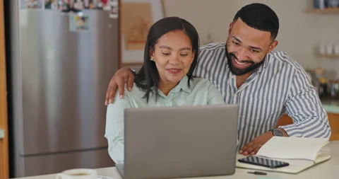 Remote work, laptop and couple hug in a kitchen with care, support or business Stock Footage 306495321