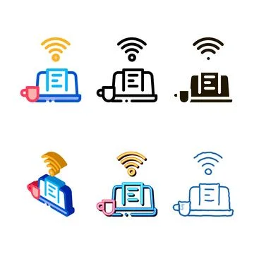 Remote work laptop mix and drink cup icon vector outline Stock Illustration
